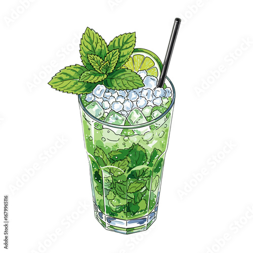 A refreshing Mojito cocktail illustration in a tall glass. Hand-drawn green alcoholic beverage with mint, lime, and ice, isolated on a white background.