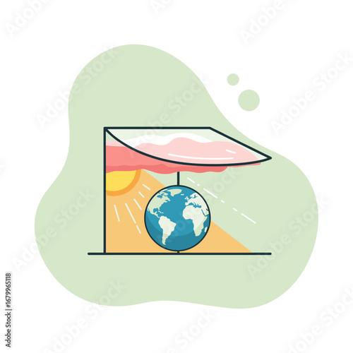 Conceptual illustration of planet Earth being protected by a solar panel shield. Renewable energy and climate change awareness concept.