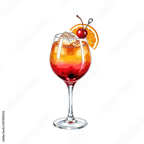 Illustration of a colorful layered cocktail like a Tequila Sunrise or Aperol Spritz. Refreshing alcoholic summer drink with orange and cherry garnish, isolated on a white background.