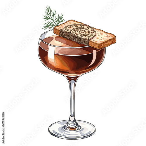 Vector illustration of a classic cocktail in a coupe glass, garnished with a slice of bread, pâté, and fresh dill.