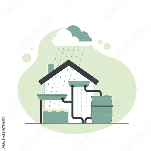 Illustration of a rainwater harvesting system. Water conservation concept showing rain collected from a house roof into a barrel.