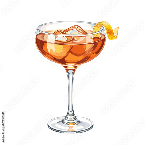 Classic orange cocktail with an orange peel garnish in a coupe glass. Vector illustration of an alcoholic beverage with ice, isolated on a white background.