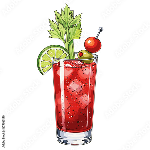 Bloody Mary cocktail illustration with celery, lime, and olive garnish. Classic alcoholic brunch drink in a glass with ice, isolated on a white background.