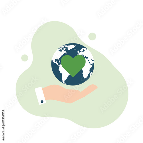 Illustration of a hand supporting planet Earth with a green heart. Concept of sustainability, conservation, and ecology.