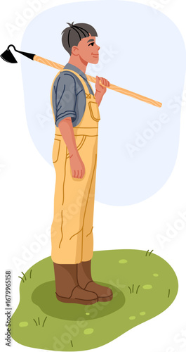 Farmer and gardener character. Cartoon flat vector male farmer personage in yellow overalls holding a hoe over his shoulder, standing on grass, symbolizing rural life, seasonal work and agriculture
