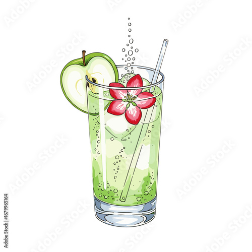 Refreshing green apple cocktail with a flower garnish. Fizzy summer drink illustration isolated on a white background.