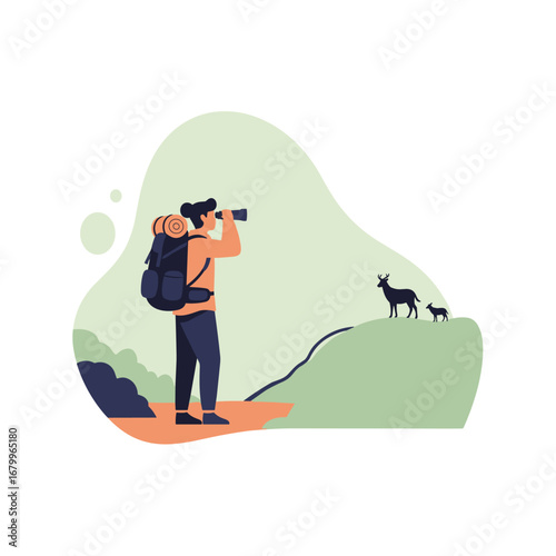Female hiker with a backpack looking through binoculars at wild goats in the mountains. Vector illustration of a woman trekking and observing nature.
