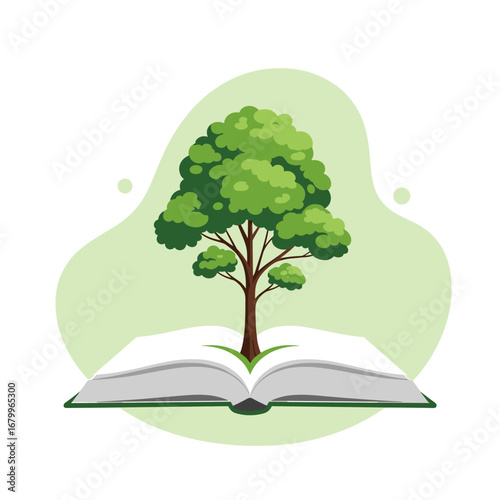 Tree of knowledge growing from an open book. Vector illustration symbolizing education, wisdom, environmental awareness, and personal growth.