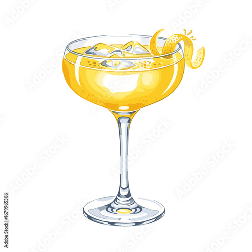 Yellow cocktail with a lemon twist garnish in a coupe glass. Hand-drawn vector illustration of an alcoholic drink isolated on a white background.