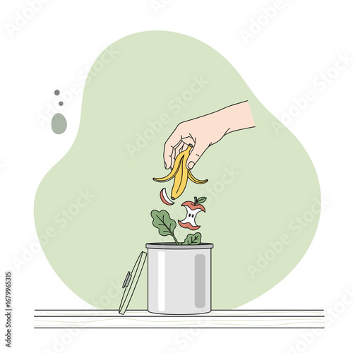 Illustration of a hand composting organic food waste. Person recycling fruit and vegetable scraps in a kitchen compost bin.