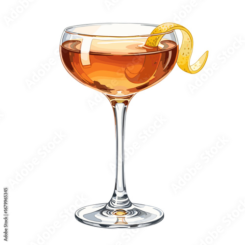 Classic cocktail in a coupe glass with a lemon twist garnish. Vector illustration of an alcoholic beverage isolated on a white background.