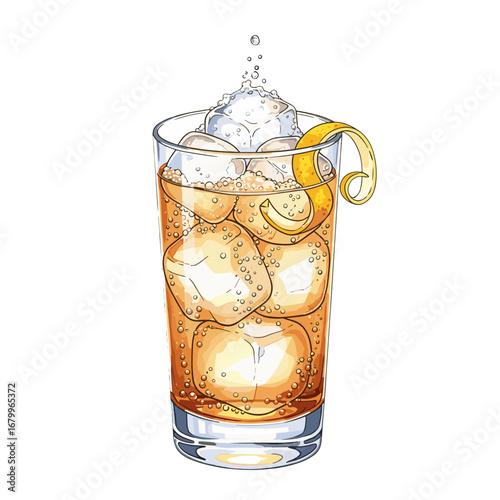 Detailed illustration of a refreshing fizzy cocktail in a glass with ice cubes and a lemon twist garnish. Hand-drawn sparkling amber drink on a white background.