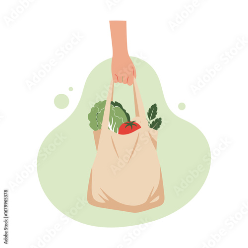Hand holding a reusable tote bag full of fresh vegetables. Eco-friendly grocery shopping concept illustration.