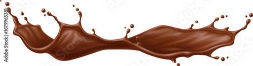 Chocolate drink flow splash wave flowing mid air, curves elegantly with droplets emphasizing motion. Realistic 3d vector twisted rich, dessert splash with velvety texture for sweet promo or food ads