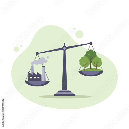Balancing Industry and Nature. An illustration of a scale weighing a factory against trees, symbolizing environmental protection, sustainability, and the choice between pollution and a green planet.