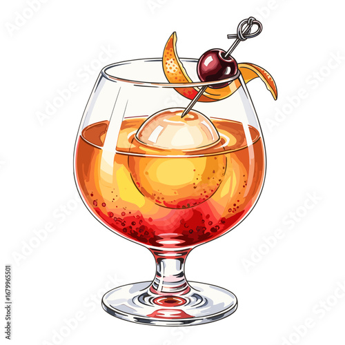 Vibrant illustration of a classic Old Fashioned cocktail in a glass with a large ice sphere, orange peel twist, and cherry garnish, isolated on a white background.