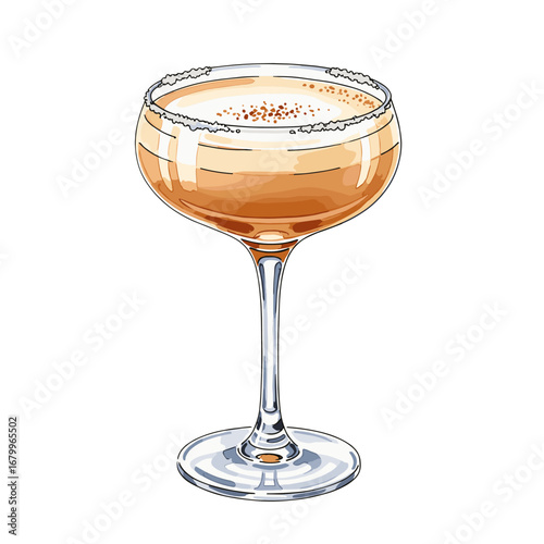 Hand drawn illustration of a classic cocktail in a coupe glass with a sugar rim. Isolated amber alcoholic beverage on a white background.