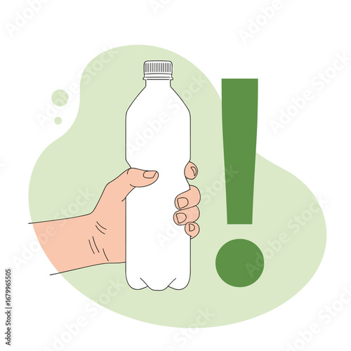 A hand holds a plastic bottle next to a large green exclamation point. Concept for recycling, waste, and environmental awareness.