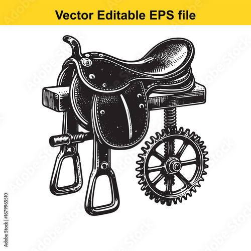 Vintage saddle with stirrups and gear isolated on white background