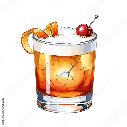 Vector illustration of a classic whiskey sour cocktail with a large ice sphere, orange peel twist, and cherry garnish on a white background.