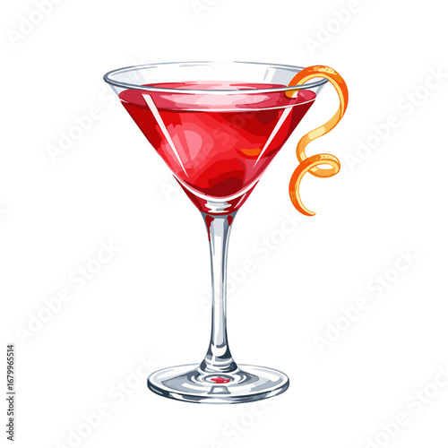 Red Cosmopolitan cocktail in a classic martini glass with an orange peel twist garnish. Vector illustration of an alcoholic beverage isolated on a white background.