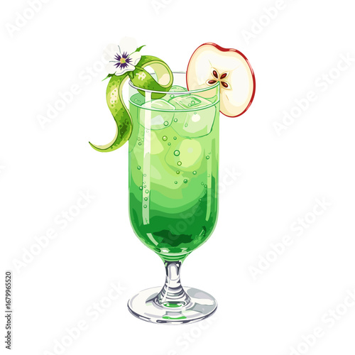 Refreshing green apple cocktail illustration with ice and garnish. Fizzy summer mocktail or soda drink in a glass, isolated vector art on a white background.