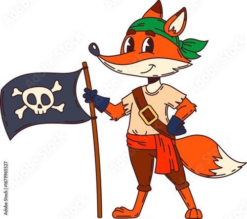 Cartoon funny fox animal pirate and corsair character with skull flag in hand. Isolated vector sea sailor personage with smile, bandana, skull and rugged rover costume, exuding roguish vulpine charmV