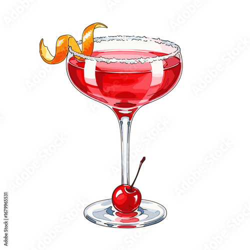 Red cocktail in a coupe glass with a sugar rim, orange peel twist, and cherry garnish. Vector illustration isolated on a white background.