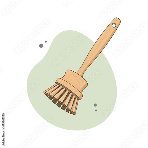 Eco-friendly wooden dish brush for kitchen cleaning. Natural zero waste household utensil vector illustration.
