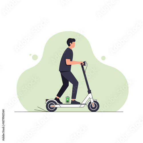 A young adult male commuting on a modern white electric scooter. Sustainable urban lifestyle vector graphic.
