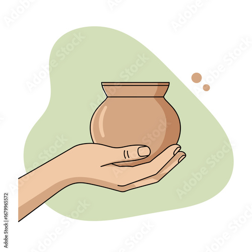 Vector illustration of a hand holding a handmade ceramic pot. Craft and pottery concept on a simple background.