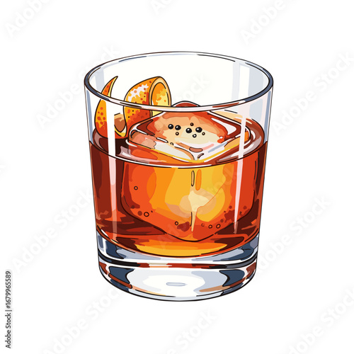Classic Old Fashioned cocktail with a large ice cube and orange peel garnish. Stylized vector illustration of a whiskey drink on a white background.