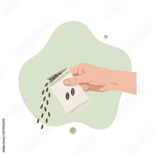 A person's hand pouring seeds from a packet. Flat vector illustration of planting and gardening concept.