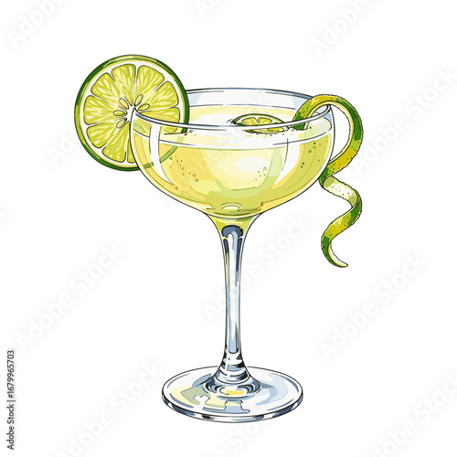 Classic lime cocktail in a coupe glass with a lime wheel and twist garnish. Hand-drawn watercolor style illustration isolated on a white background.