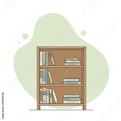 Minimalist illustration of a wooden bookshelf with books. Flat vector design for library, education, or home decor concepts.