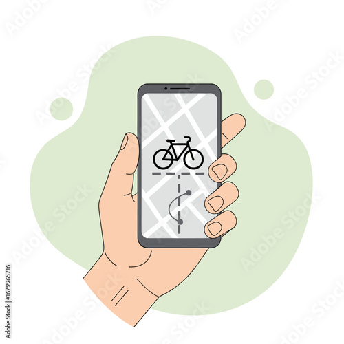 Hand holding a smartphone with a bike sharing or navigation app on the screen. Vector illustration of urban mobility and eco friendly transportation.