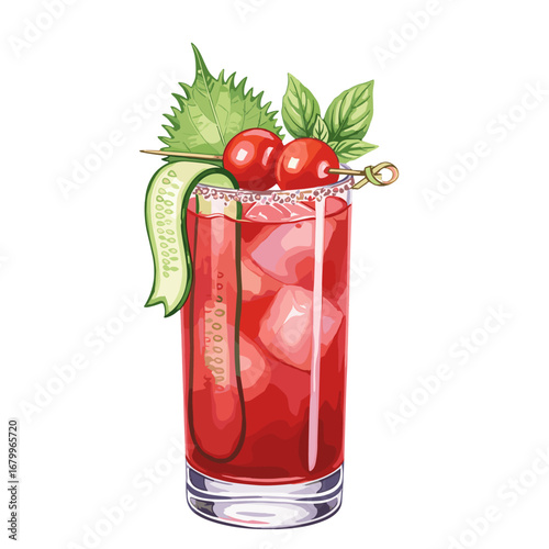 Vector illustration of a Bloody Mary cocktail with cherry tomato, cucumber, and herb garnish, isolated on a white background.