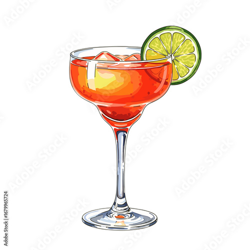 Colorful cocktail in a margarita glass with a lime slice and ice cubes. Hand-drawn vector illustration of an alcoholic beverage isolated on a white background.