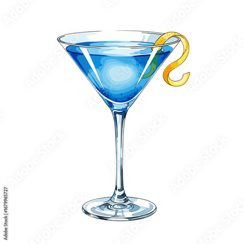 Blue cocktail in a martini glass with a lemon twist garnish. Watercolor style illustration isolated on a white background.