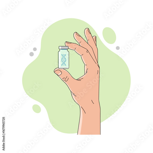 A hand holding a small vial with a DNA double helix symbol inside. Concept for gene therapy, genetic engineering, biotechnology, and vaccine development. Vector illustration.