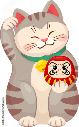 Lucky cat Japanese maneki neko cartoon character for luck, fortune and money, vector animal toy. Maneki neko cat with Japanese daruma head doll in paw, golden bell and waving paw, luck symbol of Japan