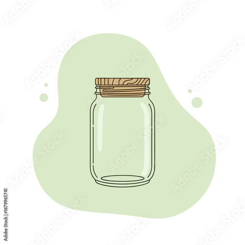 Empty glass jar with a wooden lid illustration. Minimalist line art of a mason jar for storage and preservation. Eco-friendly container concept on a simple background.