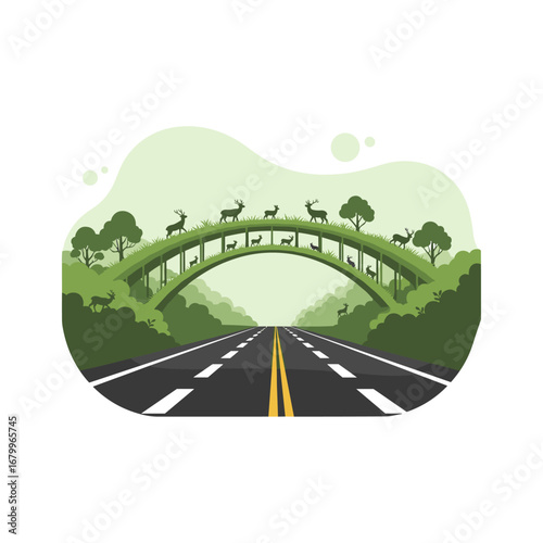 Wildlife overpass with deer silhouettes crossing a highway. Green bridge for animal conservation and road safety.