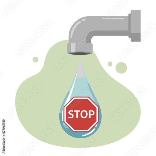 Stop wasting water conceptual illustration. Faucet with a single water drop containing a red stop sign. Water conservation and environmental protection message.