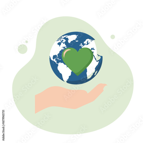 A hand holding planet Earth with a green heart. Vector illustration for environmental conservation, sustainability, and Earth Day.