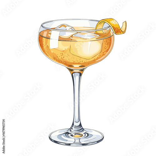 Hand-drawn illustration of a classic cocktail in a coupe glass with ice and a lemon twist. Refreshing alcoholic beverage isolated on a white background.