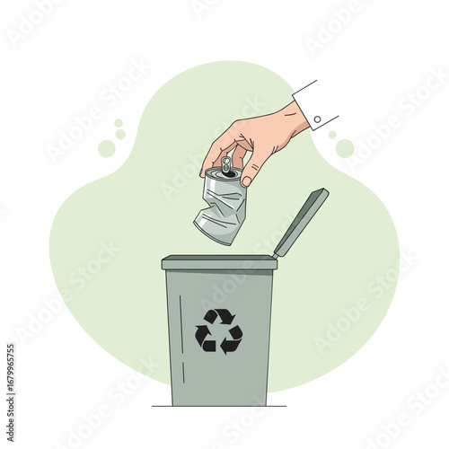 Hand throwing a crushed aluminum soda can into a recycling bin. Eco-friendly waste management and sustainability concept illustration.