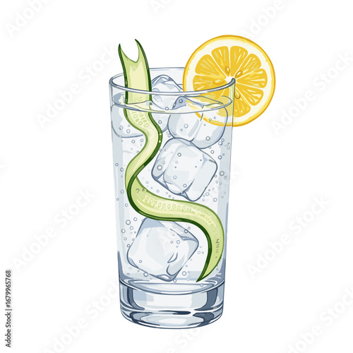 Classic gin and tonic cocktail illustration. A refreshing highball glass with ice, bubbles, a lemon wheel, and a cucumber ribbon garnish, isolated on a white background.