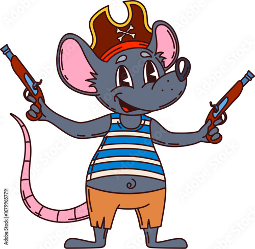 Cartoon mouse animal pirate and corsair ship crew character wearing captain hat and striped sailor singlet, standing confidently with a curled tail and flintlock guns. Vector mischievous rat rover