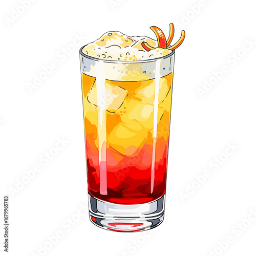 Colorful layered summer cocktail illustration. A refreshing alcoholic beverage in a tall glass with ice cubes, foam, and an orange peel garnish, isolated on a white background.